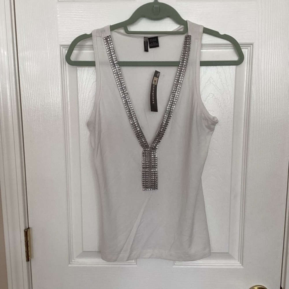 Passport White V-Neck Tank Top with Silver Embellishments
